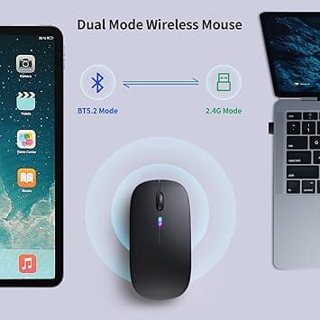 Trådløs Bluetooth-mus – Genopladelig, lydløs, dobbelt tilstand (Bluetooth 5.2 & USB) med LED-lys – Bærbar til bærbar computer, stationær computer og tablet (sort)