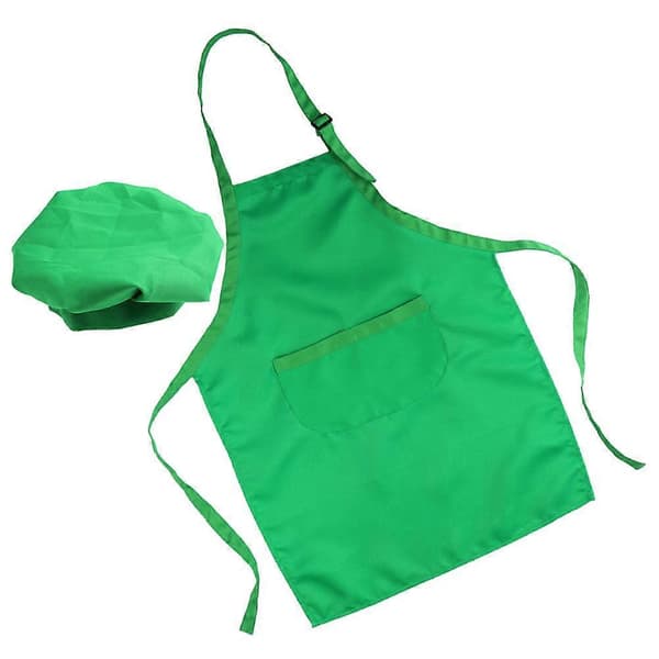 Set med 2 hatt och förkläde Barn Kockkläder Set Tygförkläde för bakning Hantverk Målning (för 3-6 år, Grön)