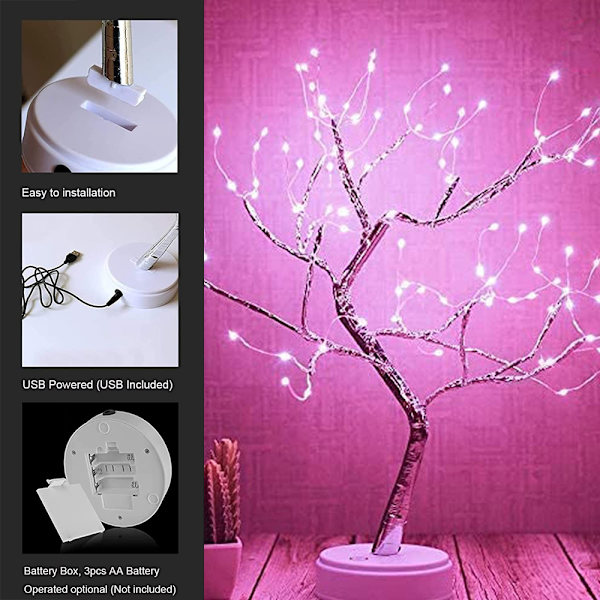 LED eldflugsträdslampa - rosa 108 lampor - eldträd och silverblomma