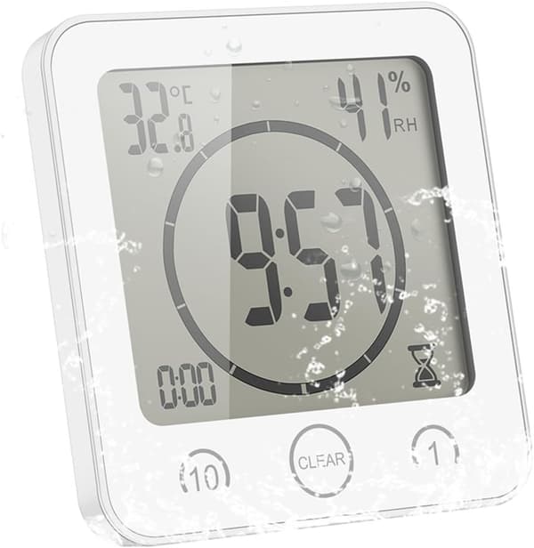 Digital väggklocka för badrum, elektronisk termometer och hygrometer - Vit