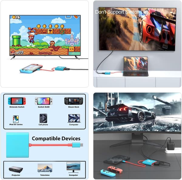 USB-C til HDMI 3-i-1 Dockingstation / Adapter til Smartphones, Computere og Nintendo Switch (Skærmspejling)