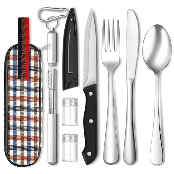 1 st bekvämt resbestickset - silver + dessertkniv med infällbart sugrör