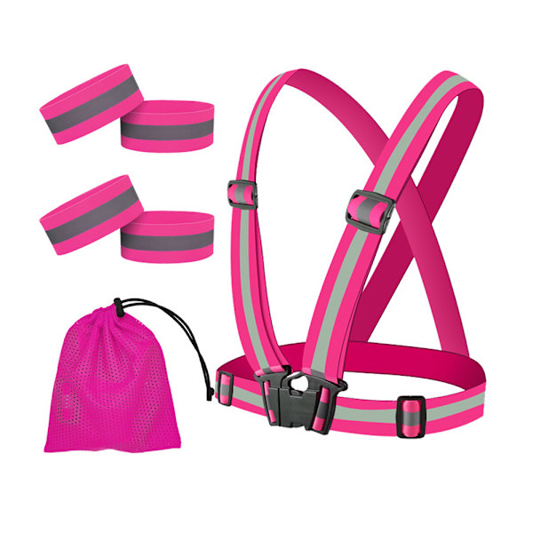 Reflekterende elastisk båndsett - 1 stropp + 4 armstropper + oppbevaringspose - Rosa