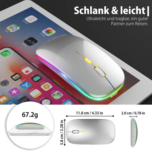 Trådløs Bluetooth dual-mode mus, oppladbar, lydløs, lysende mus - dual-mode Bluetooth lysende - sølv
