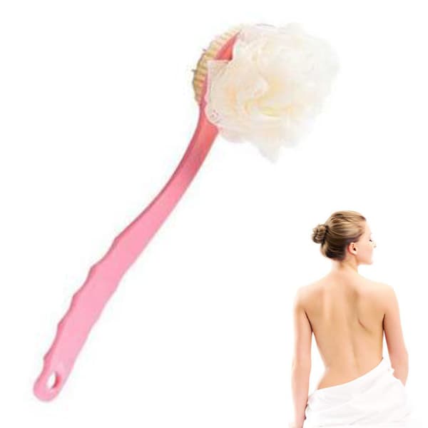 BR-76142 Långskaftad badborste med mjuka borst - med badboll rosa