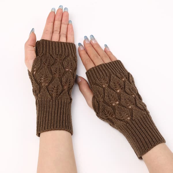 Stickade fingerlösa ullhandskar för höst och vinter - Khaki