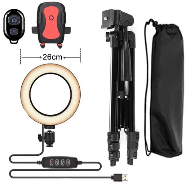 26 cm dimbar ringlampe + brakett + Bluetooth-kontroller + mobiltelefonholder