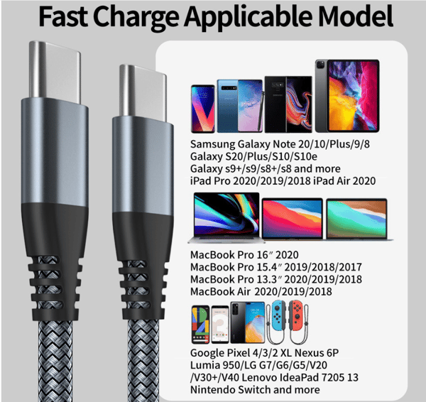 Inkluderar två USB-C-laddningskablar, stöder 60W snabbladdning, kompatibel med iPhone 15 Pro Max, Samsung Galaxy S24, etc., grå, 2 meter.