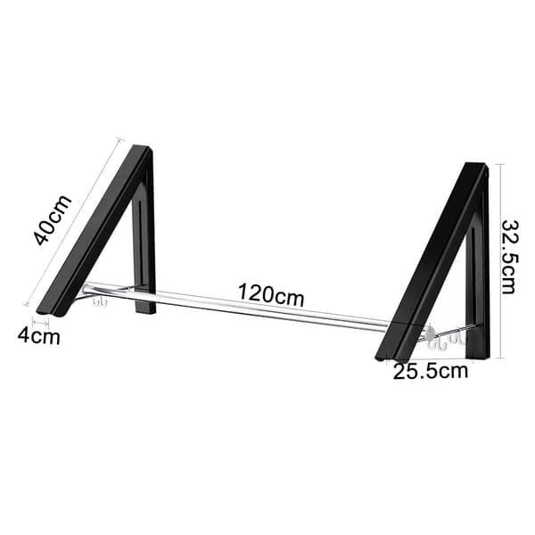 Sort dobbelt 120 cm vandret stang foldbart tørrestativ - uden boring