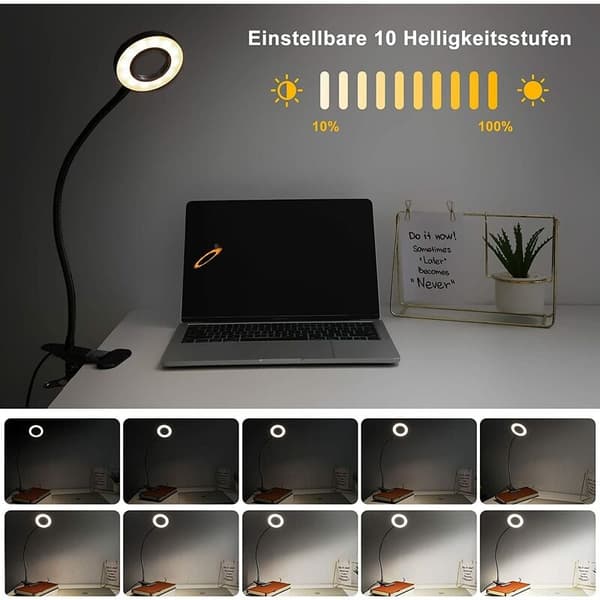 LED Clip Ring Læselampe - Sort Krop + Europæisk Adapter