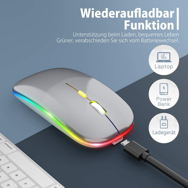 Trådløs Bluetooth dual-mode mus med lading, lydløs og lysende - dual-mode Bluetooth lysende - grå