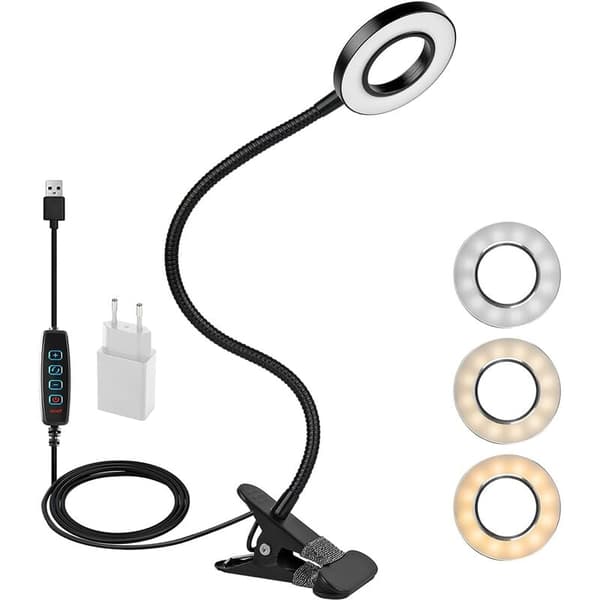 LED Clip Ring Læselampe - Sort Krop + Europæisk Adapter
