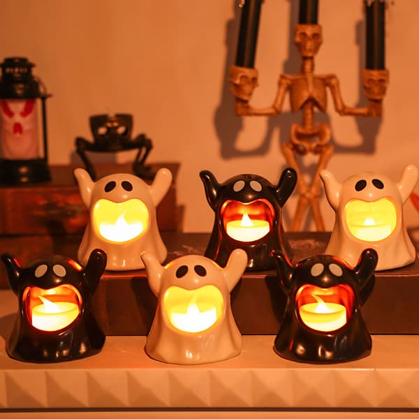 Halloween Elektroniske Stearinlys - 12 Sorte Spøgelseslys