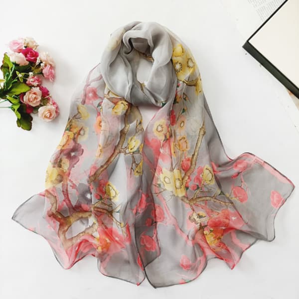 Dekorativ tunn sidenscarf för kvinnor - Plommonblomma Grå