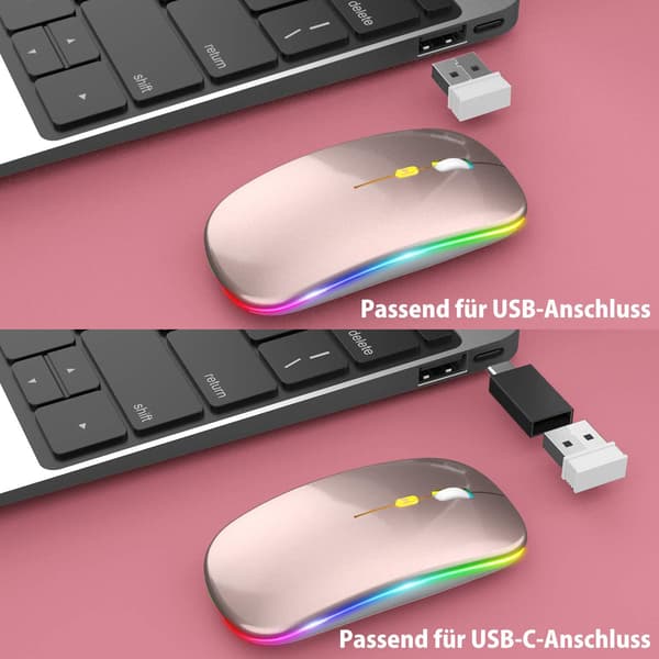 Trådløs Bluetooth dual-mode mus med lading, lydløs og lysende - dual-mode Bluetooth lysende - rosegull