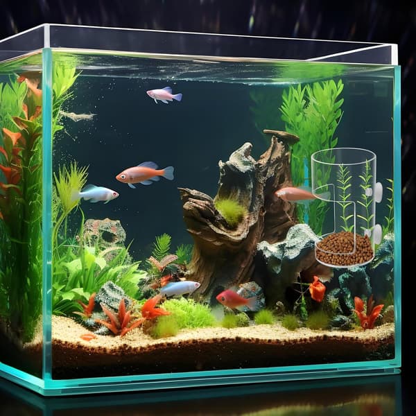 Runde akvariefoderautomater med sugekop, foderrør, tankdeler, legeæske, akvarium, tilbehør til skildpadder og rejer