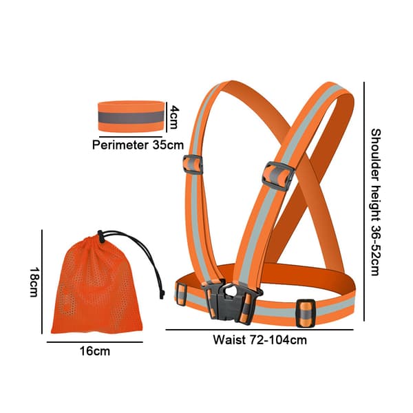 Reflekterende elastisk båndsett - 1 skulderstropp + 4 armstropper + oppbevaringspose - oransje