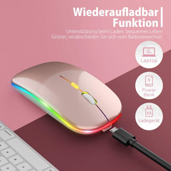 Trådløs Bluetooth dual-mode mus med lading, lydløs og lysende - dual-mode Bluetooth lysende - rosegull