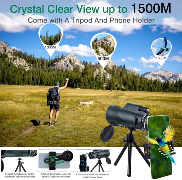 Mobilt teleskop-80×100 Sort Standard + Fotoklemme + Stativ