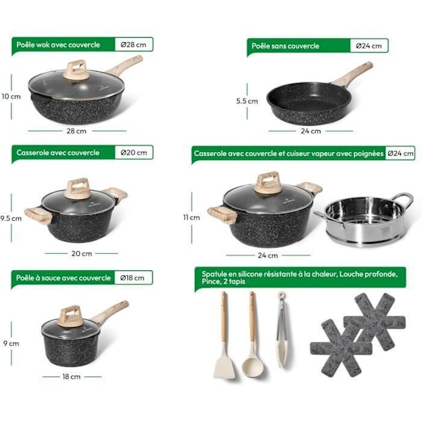 JUST PERFECTO Induktionsgryde - Kasseroller - Non-stick stegepande - All-Range gryde - PFOA og PTFE Fri (15p) svart