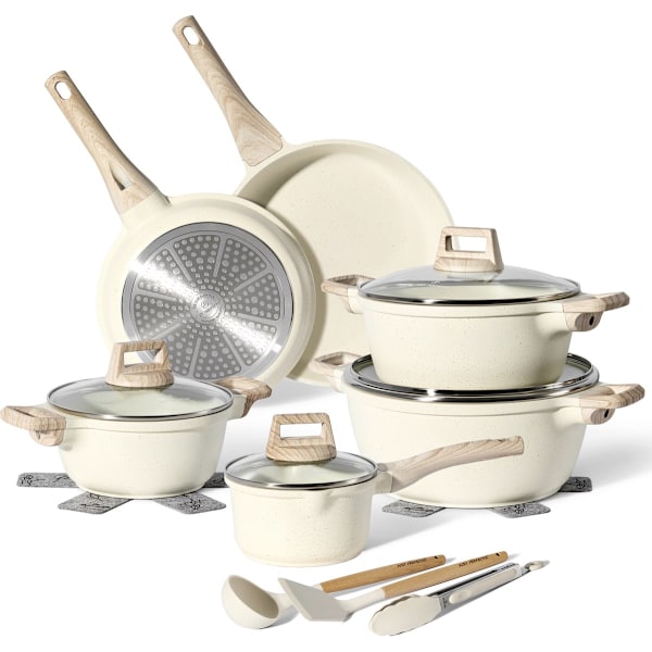 Just Perfecto 15-delade induktionskokkärl - Set med grytor och stekpannor - Alla värmekällor inklusive induktion - Aluminium - Beige Beige