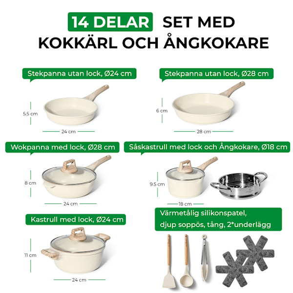 Just Perfecto kastrullset med glaslock - All-Range kastrull - non-stick stekpanna - PFOA- och PTFE-fri stekpanna Beige