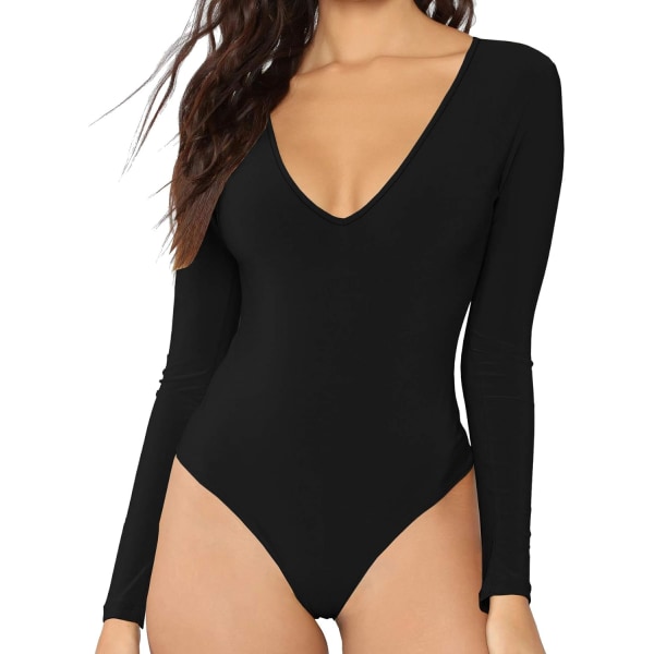 Dam V-ringad långärmad toppar Basic Bodysuit Jumpsuit