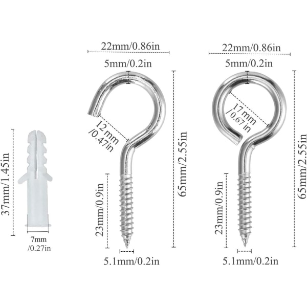 Ögonkrokar i rostfritt stål - 10 st inskruvade ringkrokar (5 * 65 mm)