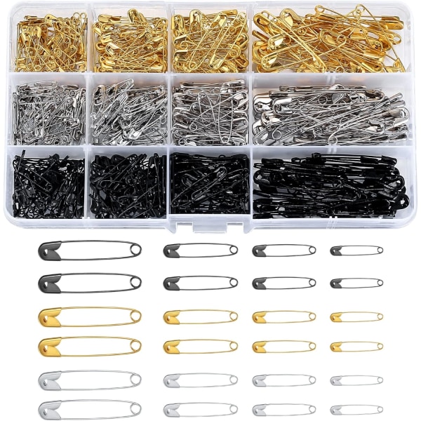 540 st Diverse säkerhetsnålar - små, medelstora, stora guld, silver, svarta nålar