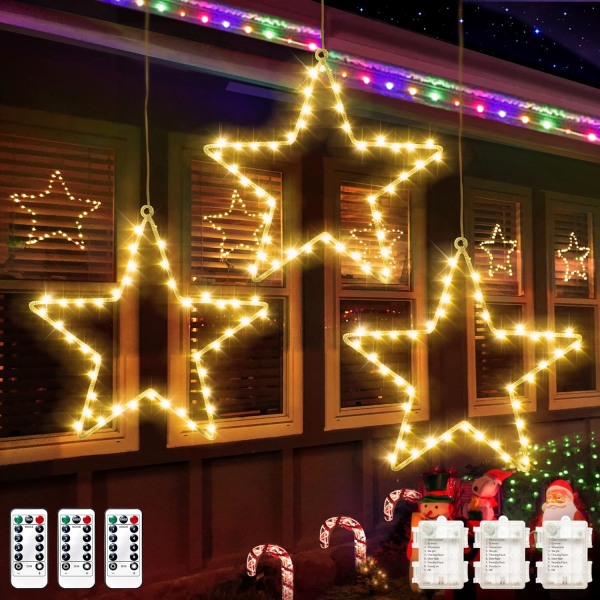 Julfönsterbelysning 3-pack batteridrivet LED-stjärnljus 8 lägen Timer