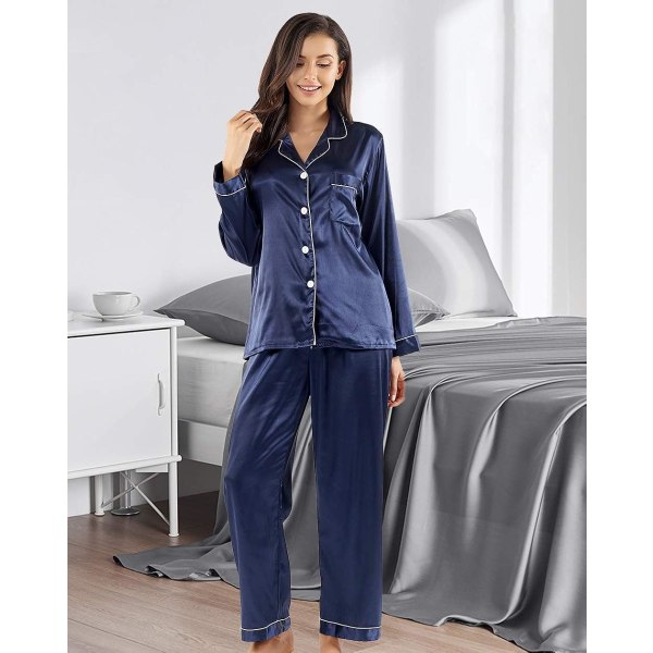 Kvinnor Sidenpyjamas Set Långärmad Dam Satin PJ Set Button-Down Pyjamas