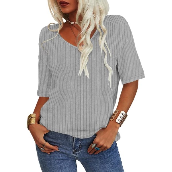 Kvinnor Sommar Casual V-ringad halvärmar Ribbad T-shirt Solid Lös Basic Tunika