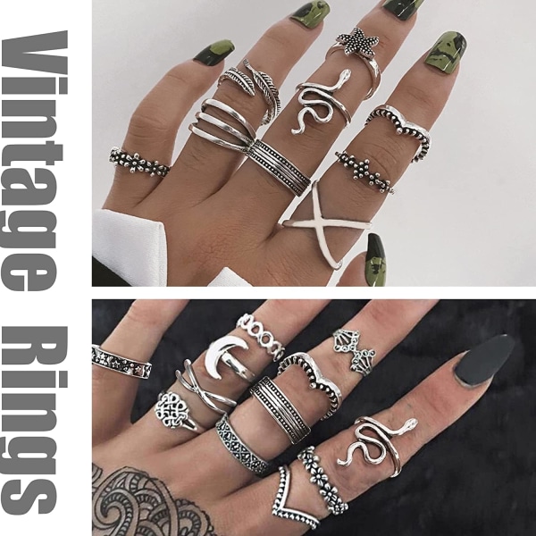 Vintage Punk Rings Set: 54st Silver Knuckle Rings, stapelbara Boho Ringar för kvinnor