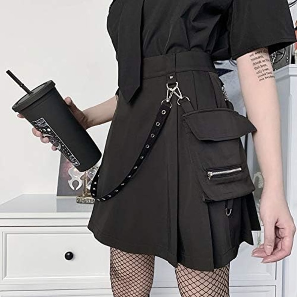 Goth svart plisserad minikjol med kedja hög midjad tenniskjol