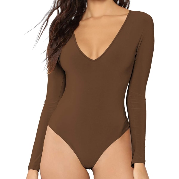 Dam V-ringad långärmad toppar Basic Bodysuit Jumpsuit