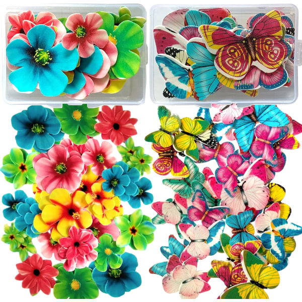 75 ätbara blommor Cupcake Toppers - Butterfly & Flower Mix