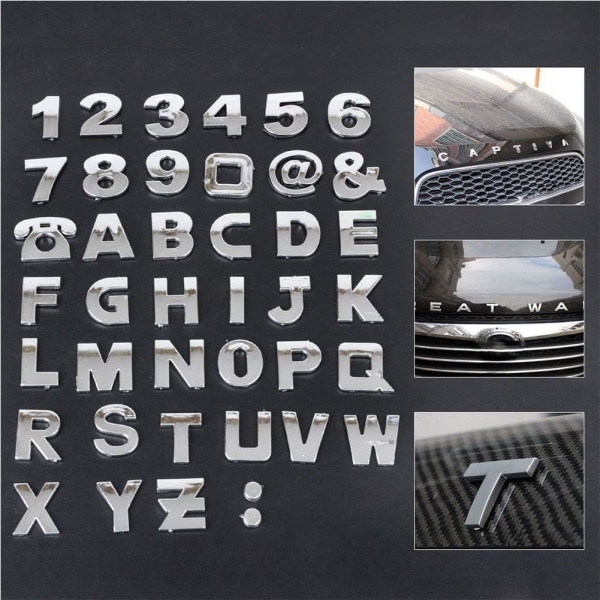 3D Chrome-klistermärken för bil - alfabet, bokstäver, siffror (set med 40)