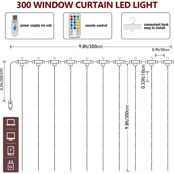 Fönster Gardin Strängljus, 300 LED 8 Ljuslägen Fairy Copper Light med