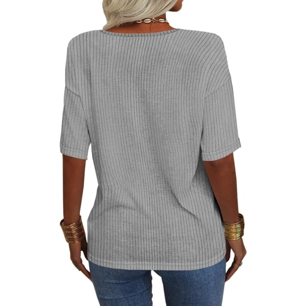 Kvinnor Sommar Casual V-ringad halvärmar Ribbad T-shirt Solid Lös Basic Tunika