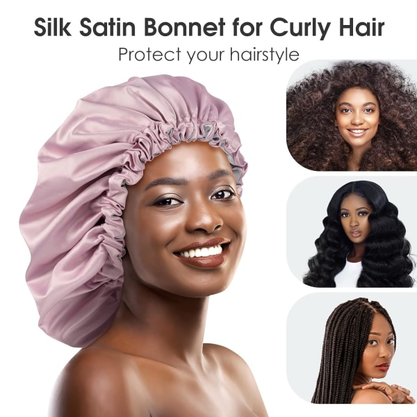 Silk Satin Bonnet Långt hår för att sova, Dubbellager Justerbar