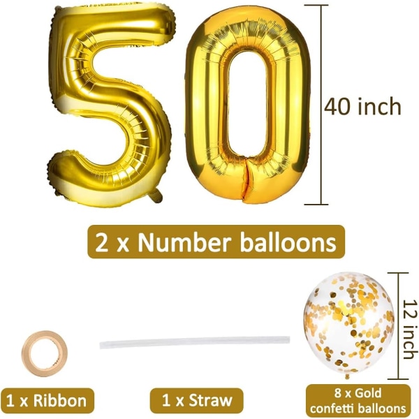 50-årsballonger - stora nummer 50 ballonger med guldkonfetti