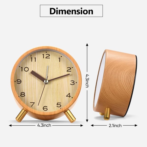 Analog väckarklocka - Retro träkorn metall skrivbordsklocka med ljudaktiverat nattljus