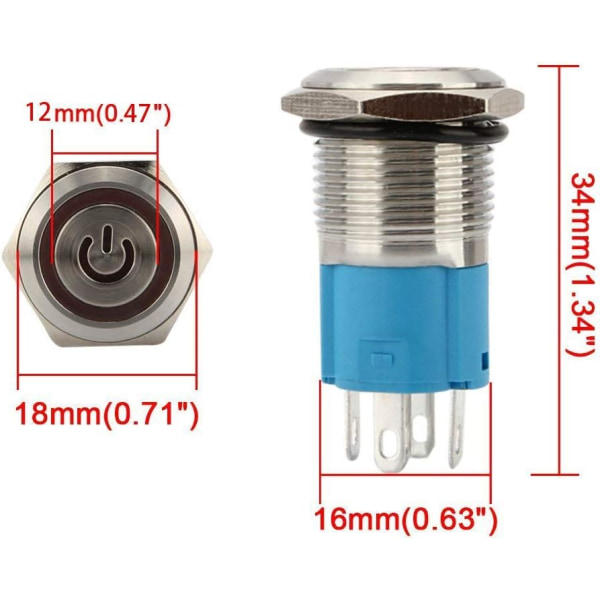 Metalllåsande tryckknappsomkopplare - Vattentät vippströmbrytare med tråduttag (blå och röd LED)