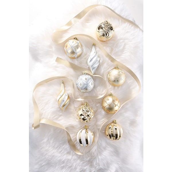 Christmas Ball Ornaments Decor, 40ct Elegant White and Gold Shatterproof