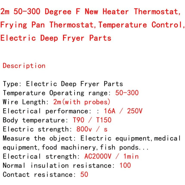 2 m värmetermostat, elektriska delar till fritös, temperaturkontroll