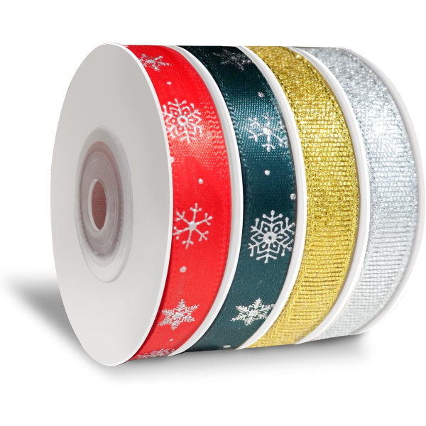 Julband 4 rullar - 54,8 m Satin Grosgrain (röd, grön, guld,