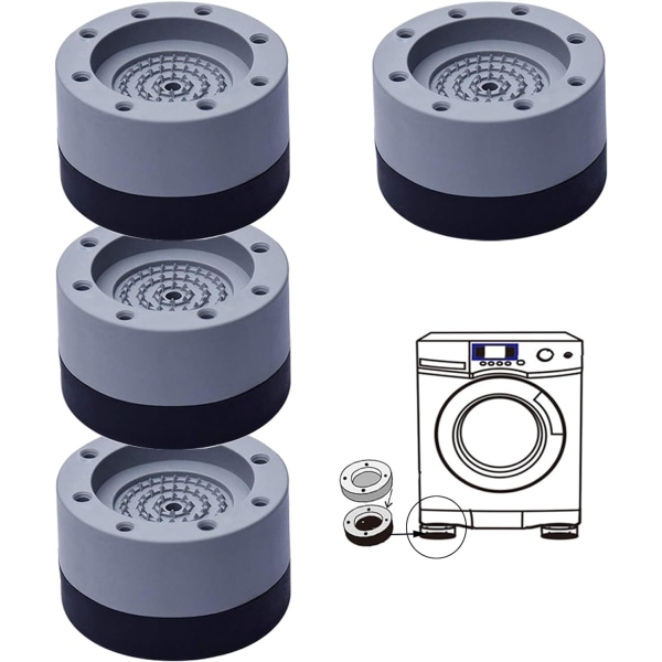 Antivibrationsskydd för tvättmaskin och torktumlare - Set med 4 halkfria gummikuddar för ljudreducering och stabilitet (grå, 3,5 cm)