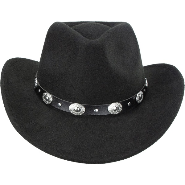 Svart Cowboy Cowgirl hatt för kvinnor män västerländsk stil bred brättad filt Fedora