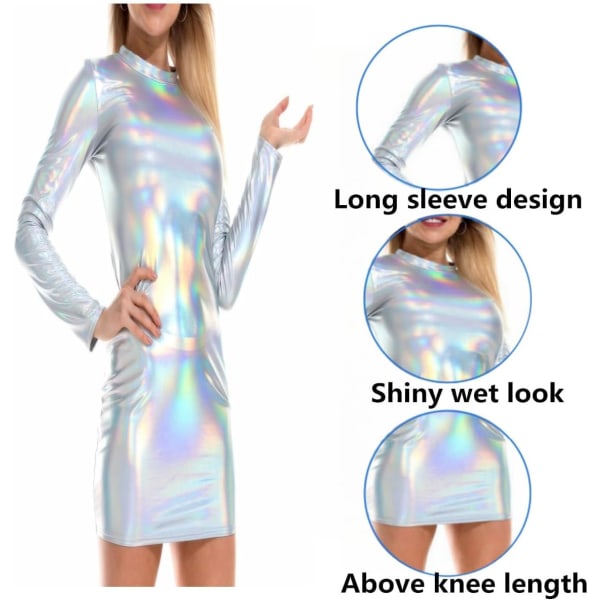 Glänsande långärmad miniklänning i läder - metallisk våtlook, rund hals
