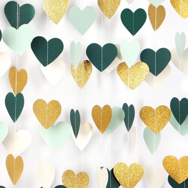Salvia-grön Mint Beige-Guld Love-Heart Garland - Rustik dekoration